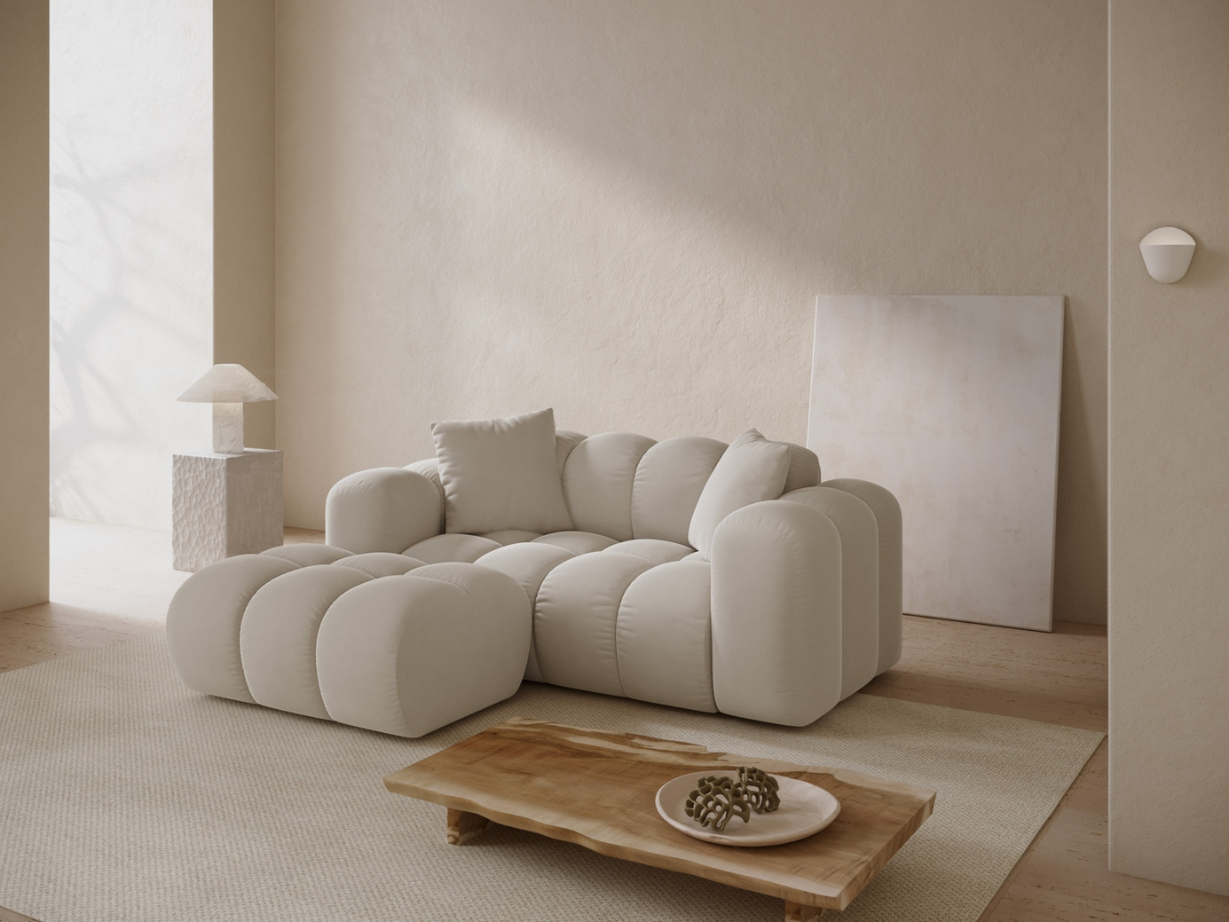 Cosmopolitan Design venstrevendt fløyelshjørnesofa, "Treno", 2-seter, 180 × 164 × 70 cm, Bluvel, svarte plastben