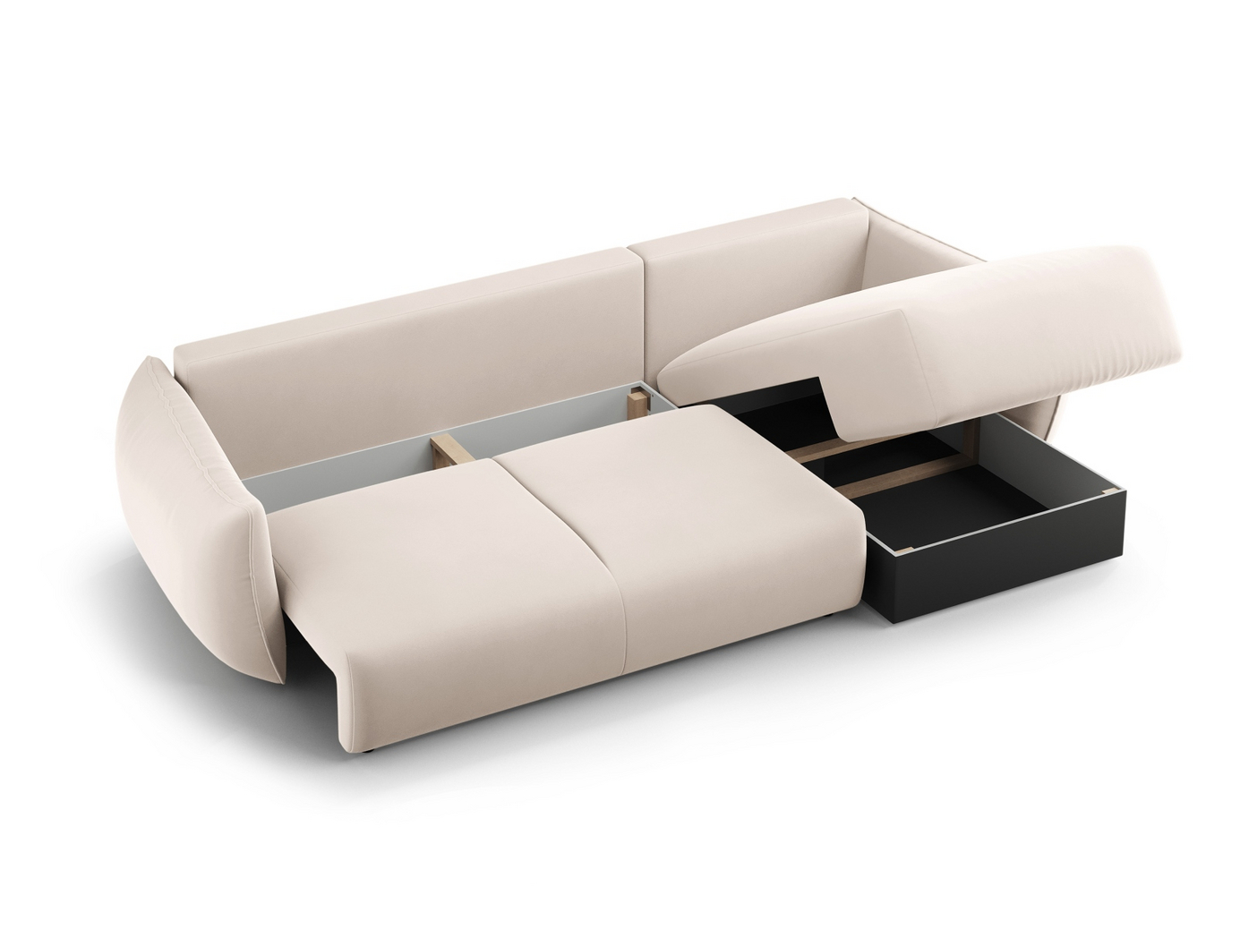 Cosmopolitan Design venstrevendt fløyelshjørnesovesofa med oppbevaring, "Matera", 4-seter, 253 × 173 × 86 cm, Salvador, svarte plastben