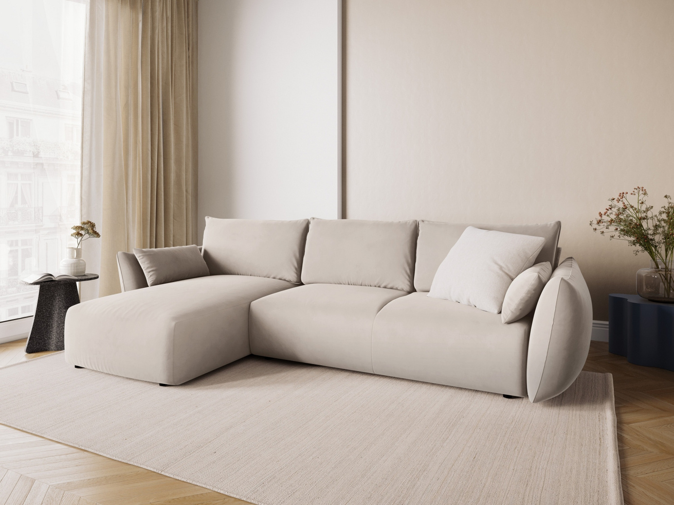 Cosmopolitan Design venstrevendt fløyelshjørnesovesofa med oppbevaring, "Matera", 4-seter, 253 × 173 × 86 cm, Salvador, svarte plastben