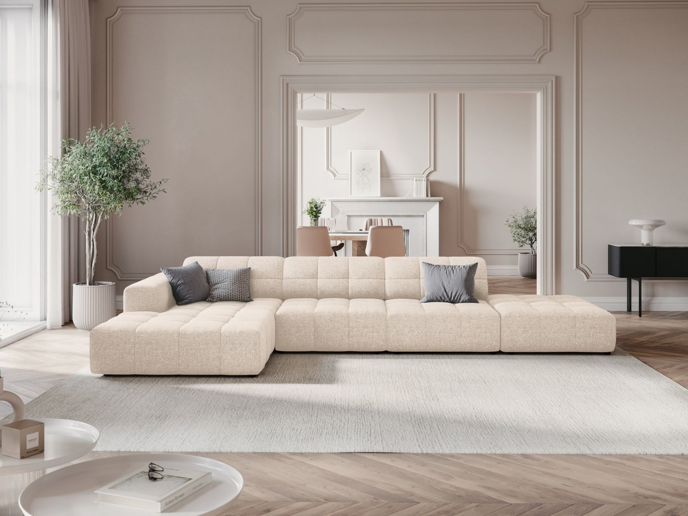 Cosmopolitan Design venstrevendt hjørnesofa, "Chicago", 5-seter, 348 × 167 × 78 cm, Haga, svarte plastben