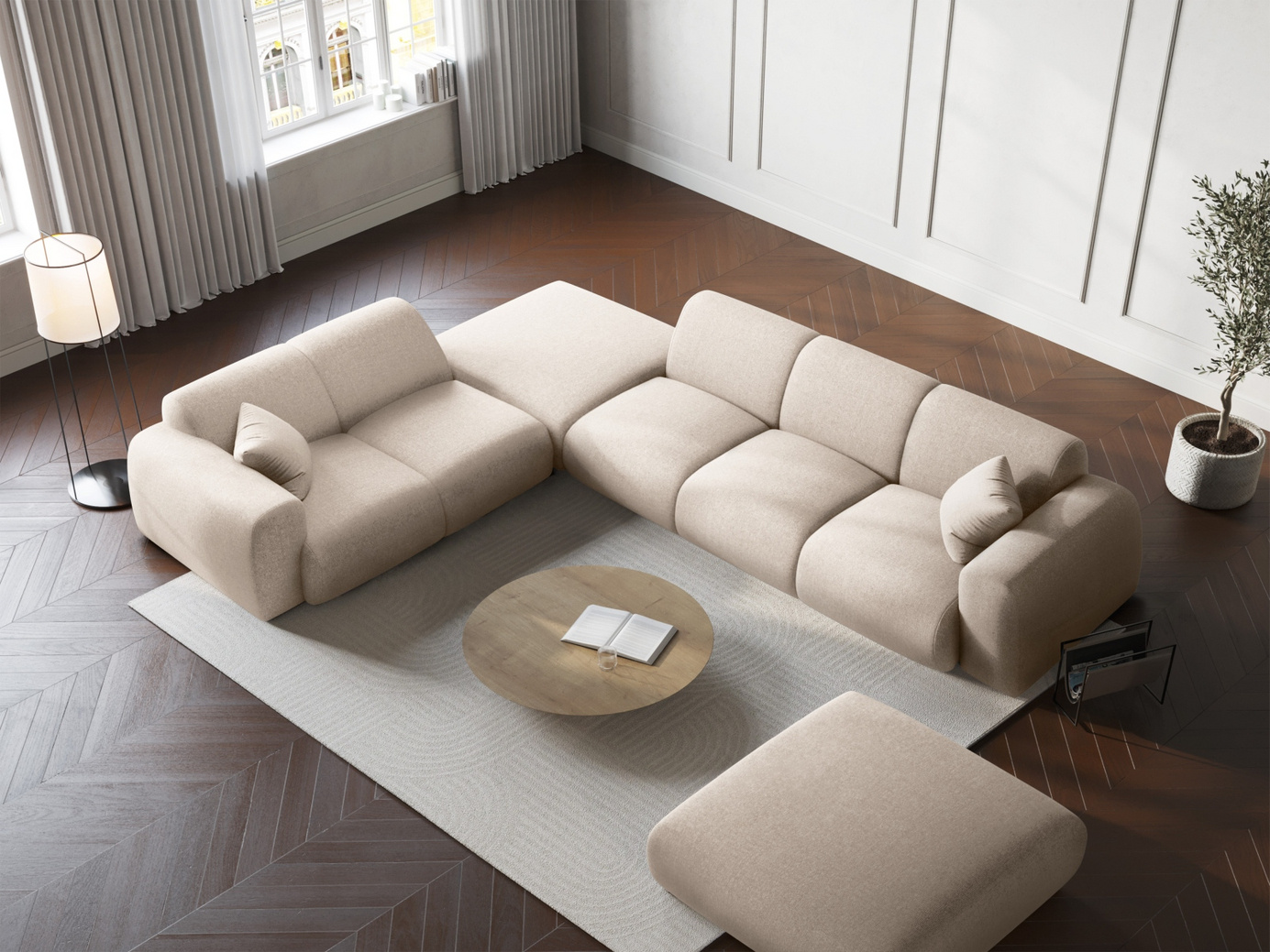 Cosmopolitan Design venstrevendt hjørnesofa, "Nolio", 4-seter, 315 × 250 × 72 cm, Haga, svarte plastben
