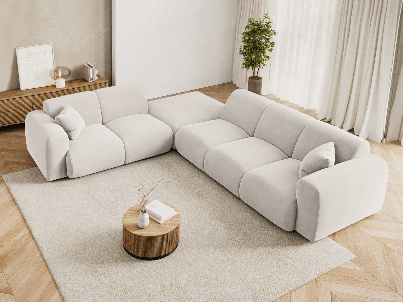 Cosmopolitan Design venstrevendt fløyelshjørnesofa, "Nolio", 4-seter, 315 × 250 × 72 cm, Casino, svarte plastben