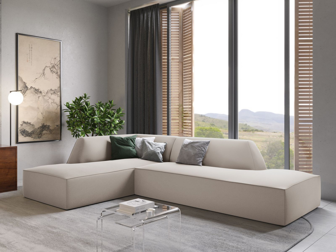 Cosmopolitan Design venstrevendt fløyelsmodulhjørnesofa, "Siena", 4-seter, 273 × 180 × 69 cm, Salvador, svarte plastben, Variant LCO_44