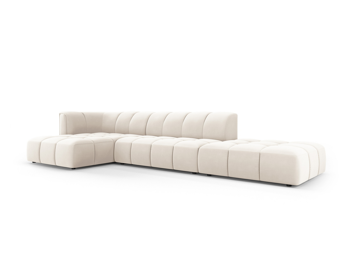 Cosmopolitan Design venstrevendt fløyelsmodulhjørnesofa, "Moritz", 5-seter, 323 × 160 × 70 cm, Bluvel, svarte plastben