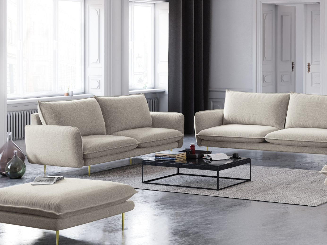 Cosmopolitan Design puff, "Vienna", 1-seter, 93 × 73 × 43 cm, Positano, gullfargede metallben