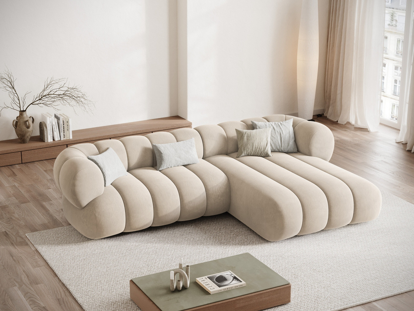 Cosmopolitan Design høyrevendt fløyelshjørnesofa, "Koge", 5-seter, 270 × 165 × 70 cm, Vogue, svarte plastben