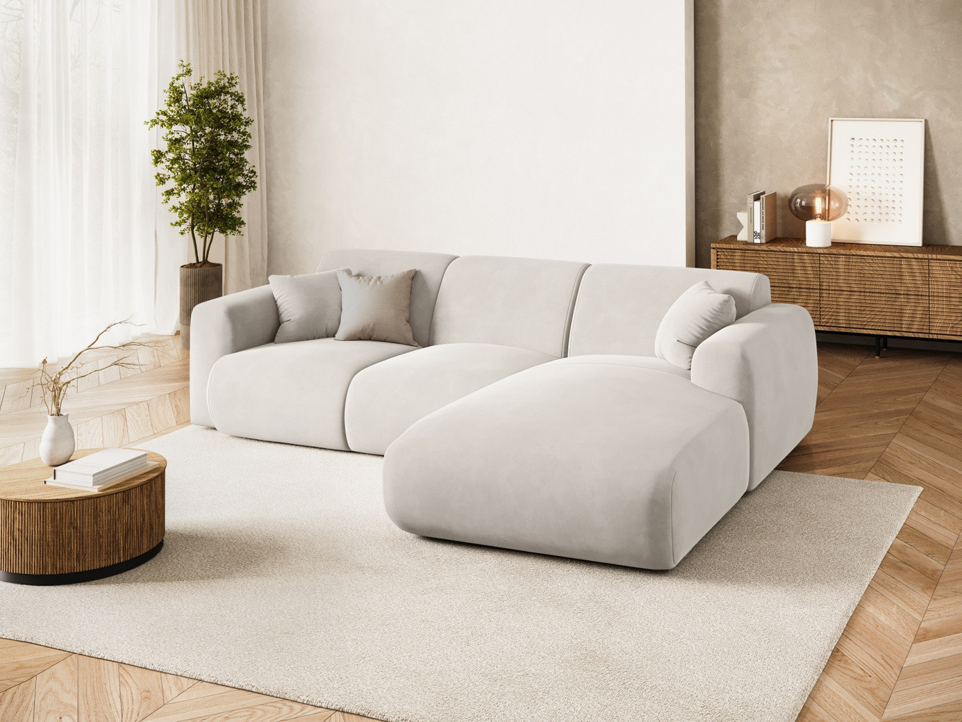 Cosmopolitan Design høyrevendt fløyelshjørnesofa, "Nolio", 4-seter, 260 × 170 × 72 cm, Casino, svarte plastben