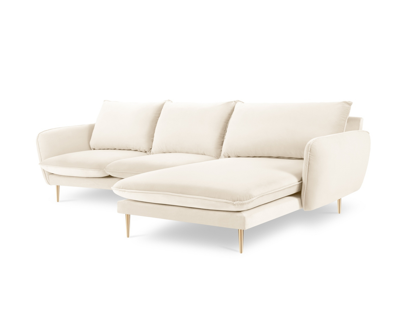 Cosmopolitan Design høyrevendt fløyelshjørnesofa, "Vienna", 5-seter, 255 × 170 × 95 cm, Bluvel, gullfargede metallben