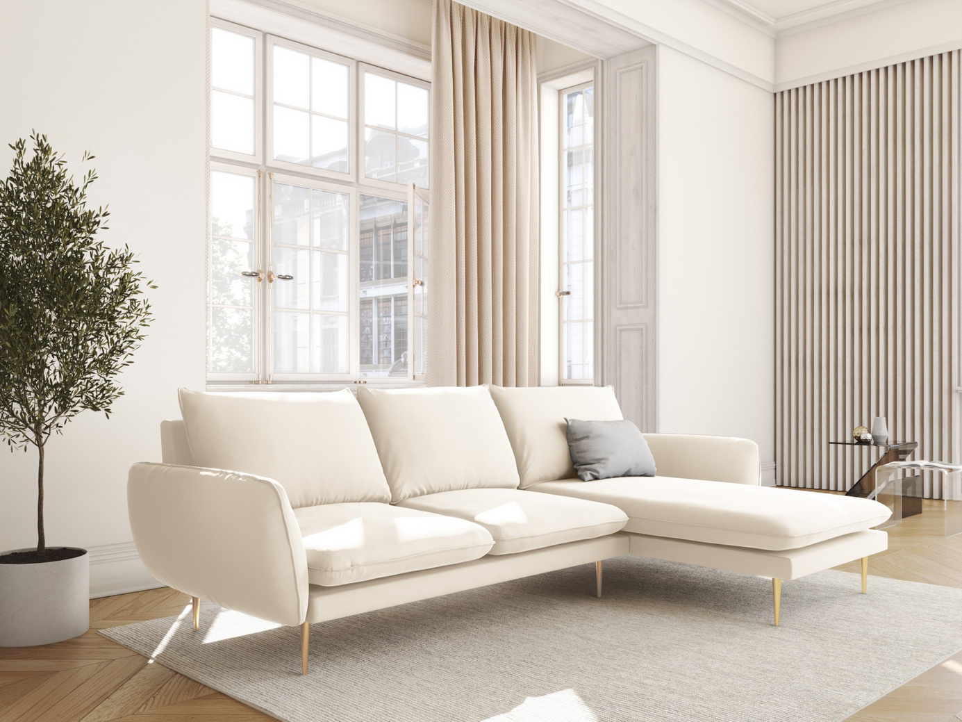Cosmopolitan Design høyrevendt fløyelshjørnesofa, "Vienna", 5-seter, 255 × 170 × 95 cm, Bluvel, gullfargede metallben