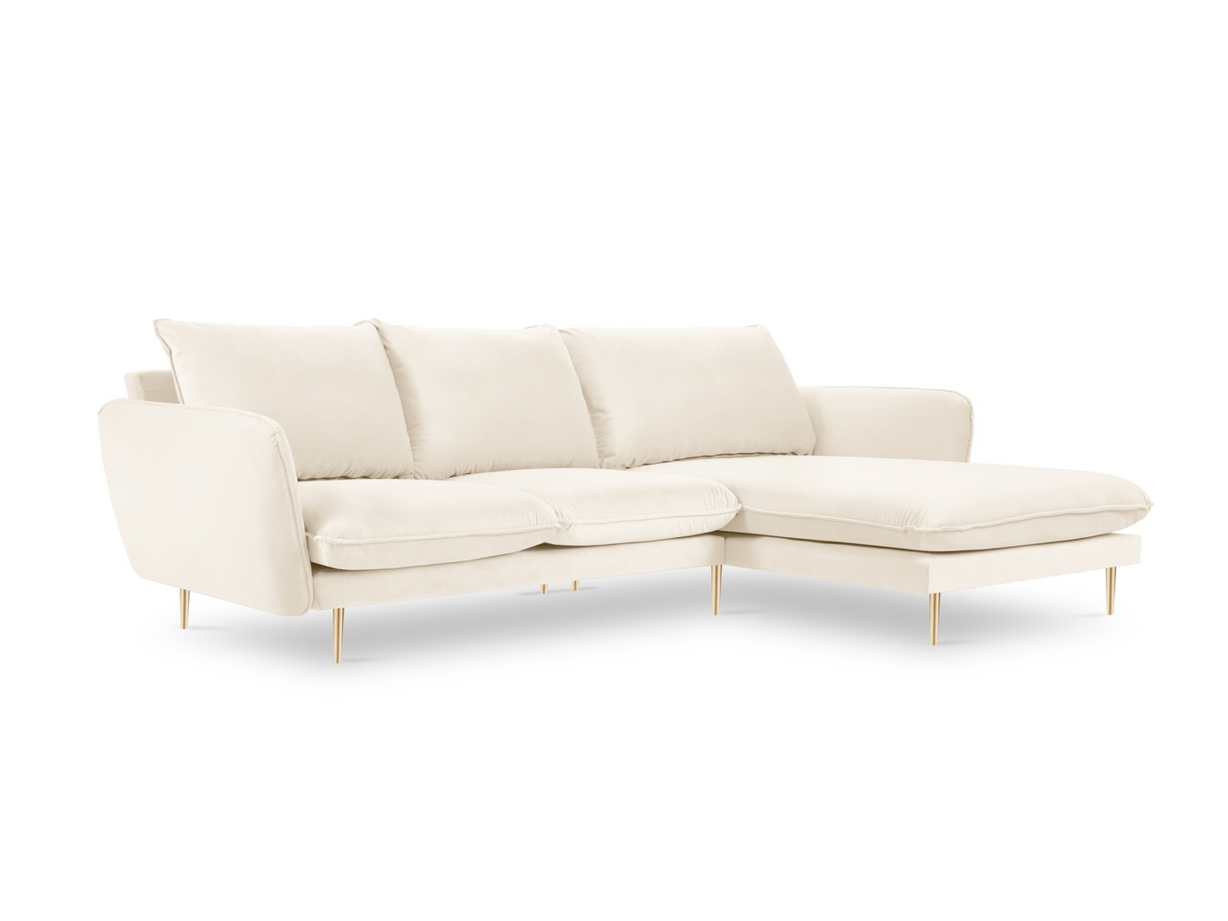 Cosmopolitan Design høyrevendt fløyelshjørnesofa, "Vienna", 5-seter, 255 × 170 × 95 cm, Bluvel, gullfargede metallben