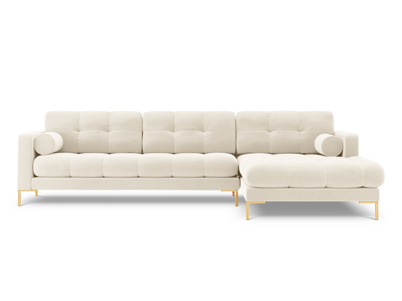 Cosmopolitan Design høyrevendt fløyelshjørnesofa, "Bali", 5-seter, 293 × 185 × 75 cm, Bluvel, gullfargede metallben