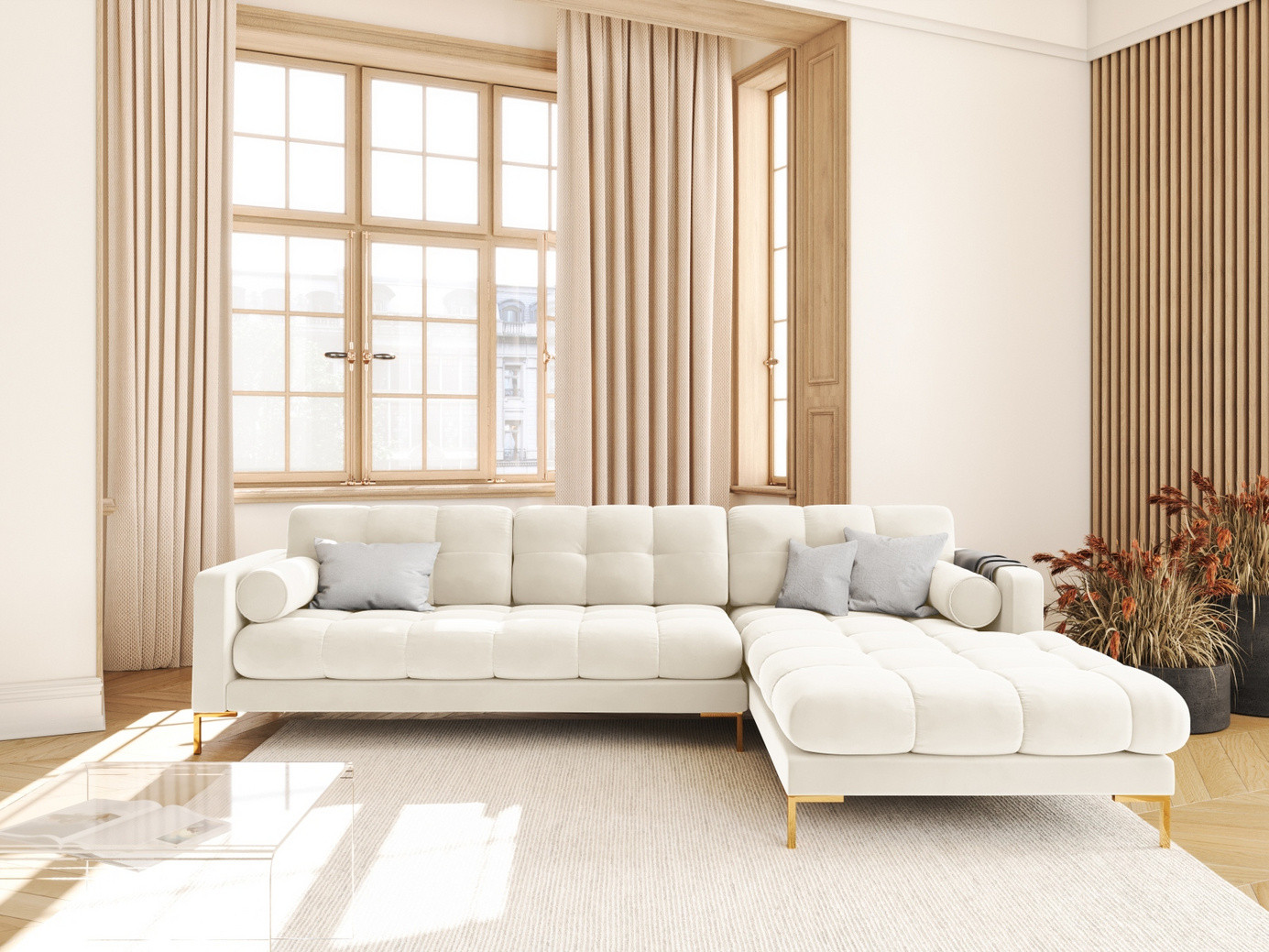 Cosmopolitan Design høyrevendt fløyelshjørnesofa, "Bali", 5-seter, 293 × 185 × 75 cm, Bluvel, gullfargede metallben