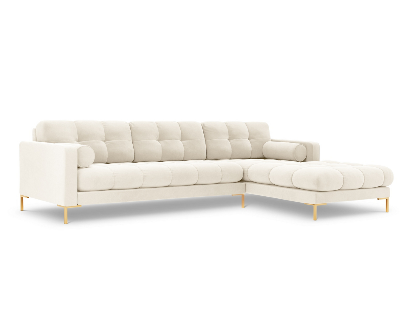 Cosmopolitan Design høyrevendt fløyelshjørnesofa, "Bali", 5-seter, 293 × 185 × 75 cm, Bluvel, gullfargede metallben