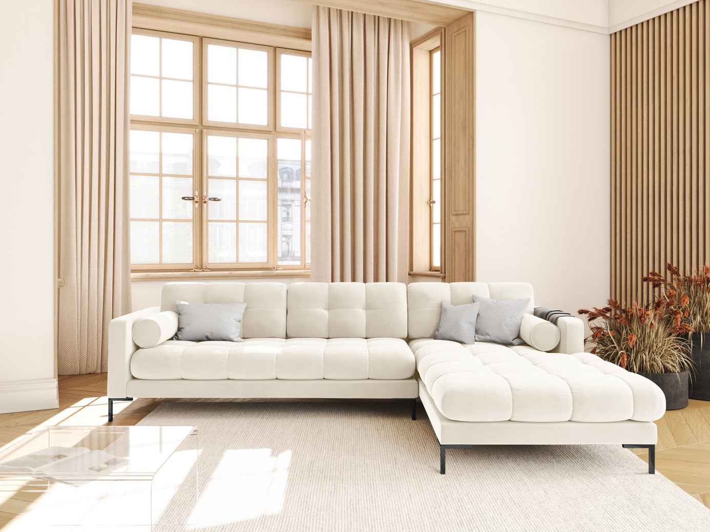 Cosmopolitan Design høyrevendt fløyelshjørnesofa, "Bali", 5-seter, 293 × 185 × 75 cm, Bluvel, svarte metallben