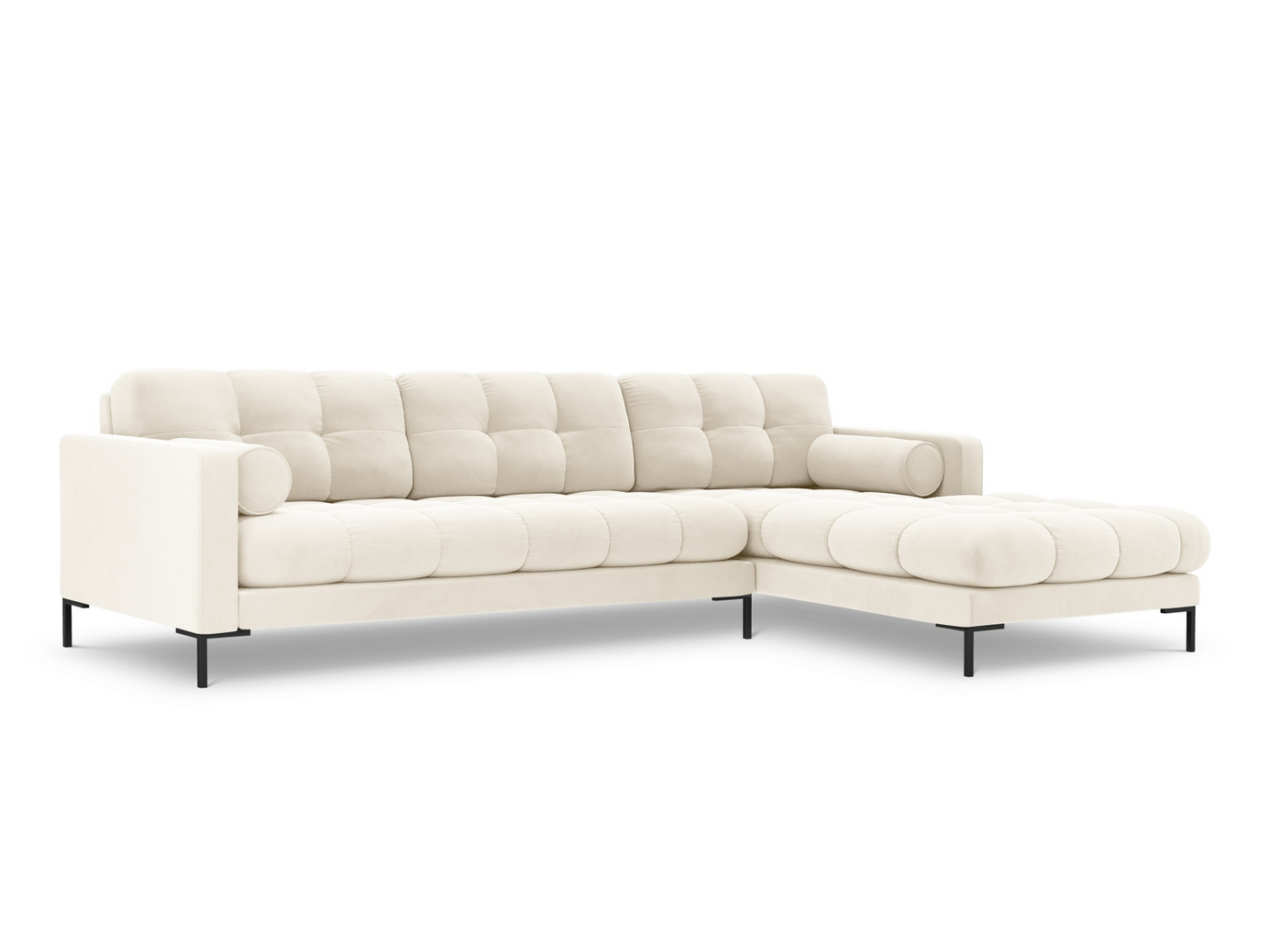 Cosmopolitan Design høyrevendt fløyelshjørnesofa, "Bali", 5-seter, 293 × 185 × 75 cm, Bluvel, svarte metallben