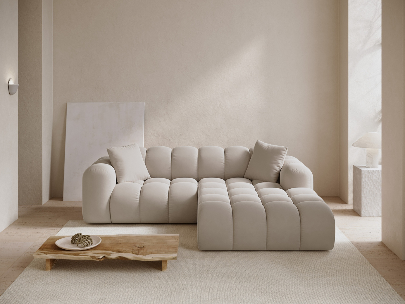 Cosmopolitan Design høyrevendt fløyelshjørnesofa, "Treno", 3-seter, 240 × 184 × 70 cm, Bluvel, svarte plastben