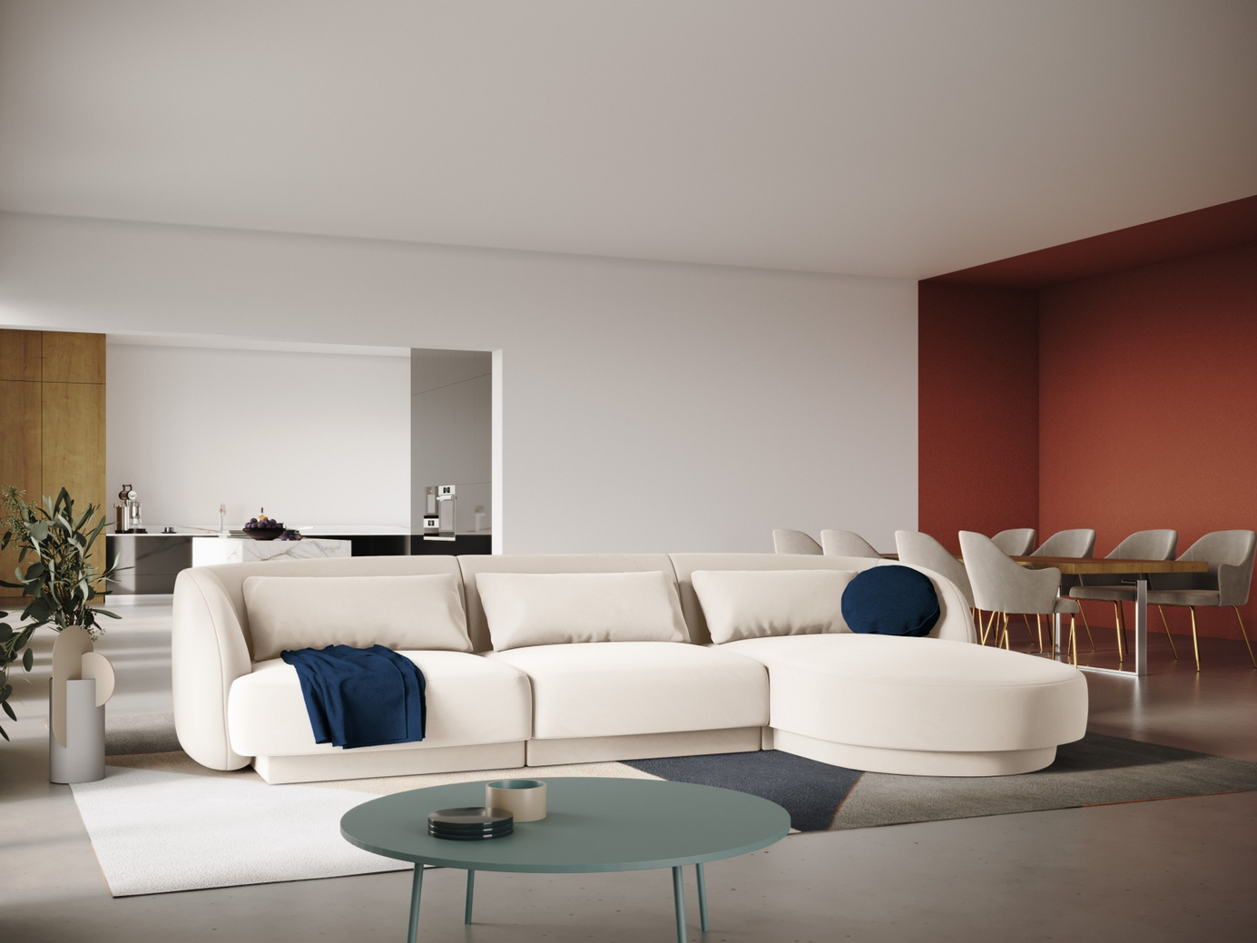 Cosmopolitan Design høyrevendt fløyelshjørnesofa, "Tulum", 4-seter, 255 × 156 × 70 cm, Bluvel, svarte plastben