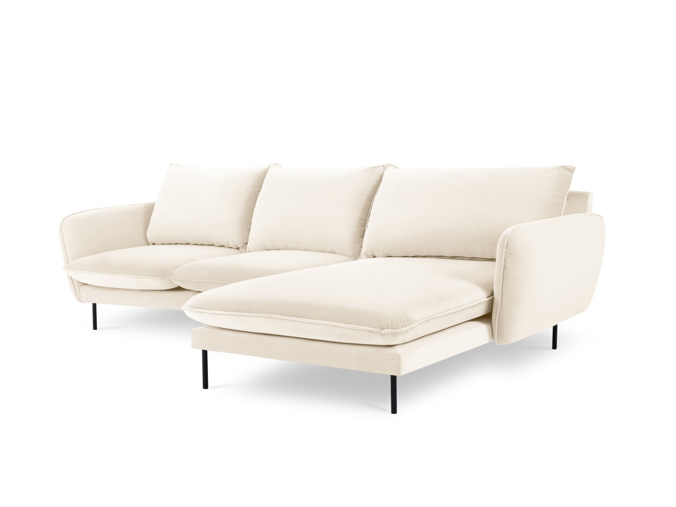 Cosmopolitan Design høyrevendt fløyelshjørnesofa, "Vienna", 5-seter, 255 × 170 × 95 cm, Bluvel, svarte metallben