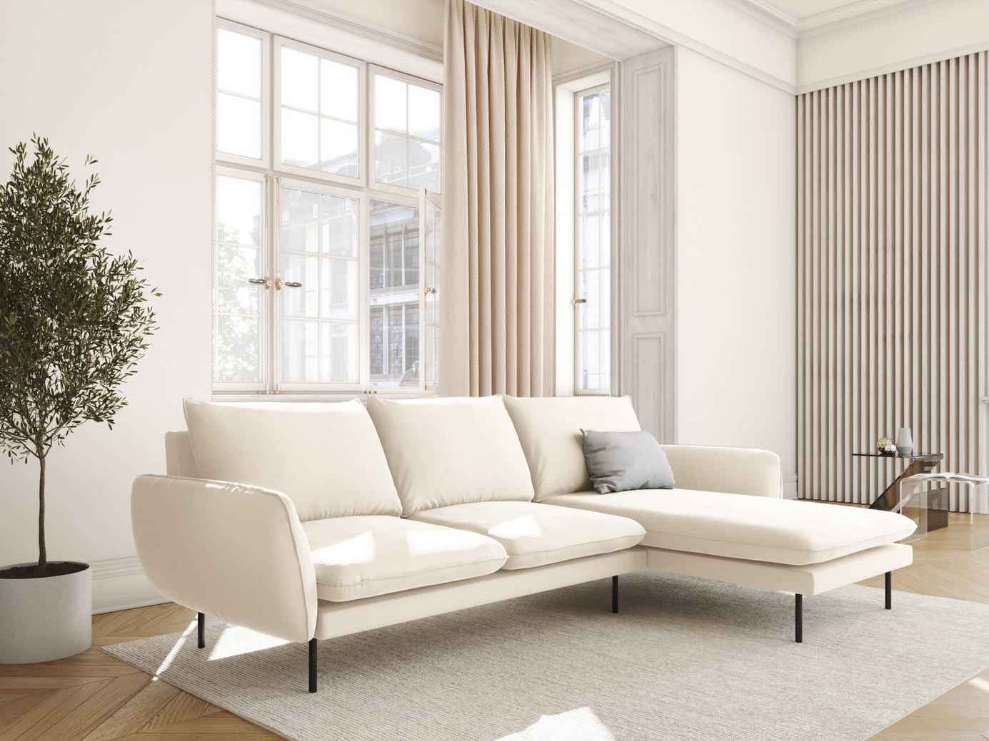 Cosmopolitan Design høyrevendt fløyelshjørnesofa, "Vienna", 5-seter, 255 × 170 × 95 cm, Bluvel, svarte metallben