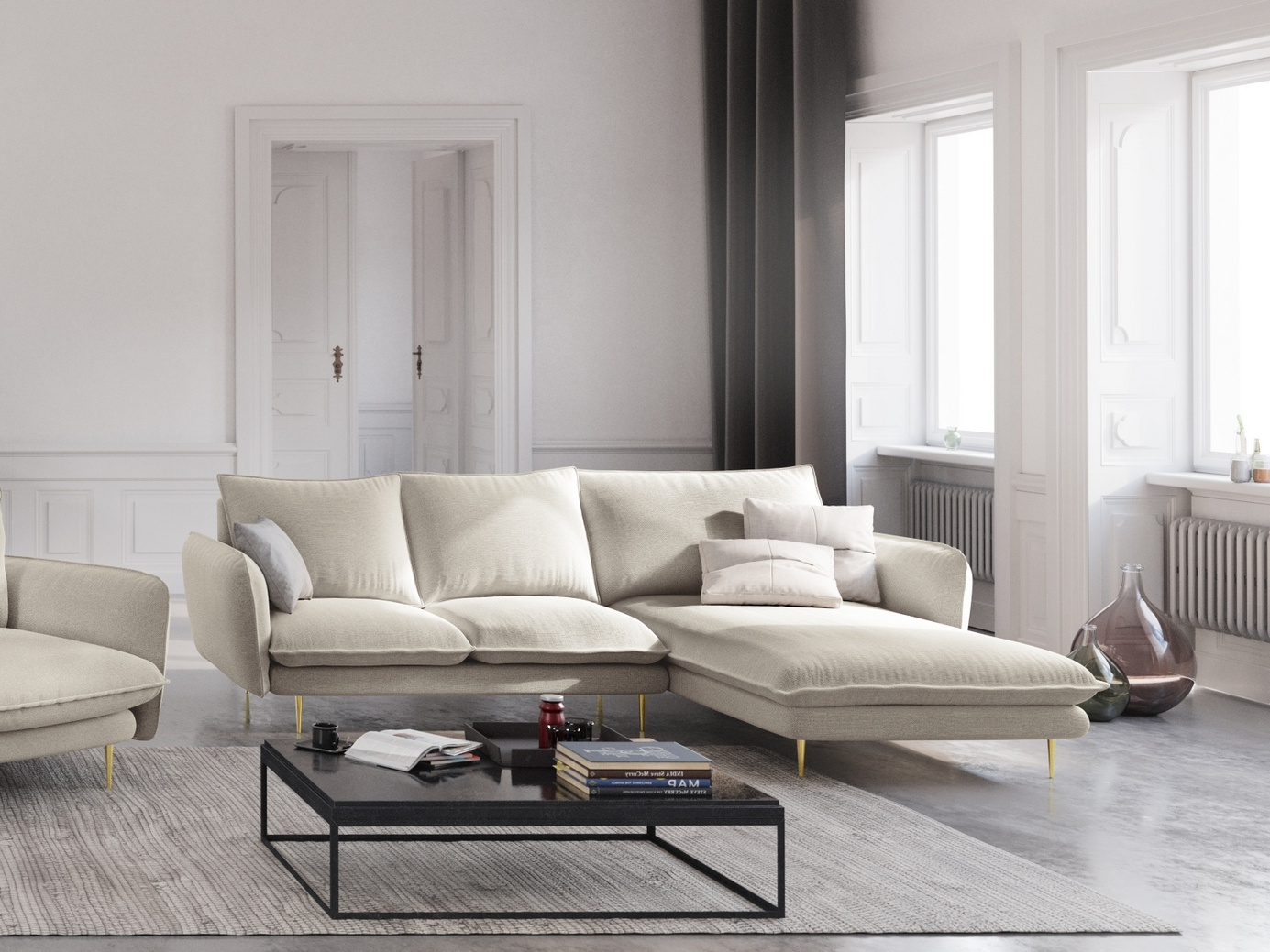 Cosmopolitan Design høyrevendt hjørnesofa, "Vienna", 5-seter, 255 × 170 × 95 cm, Positano, gullfargede metallben