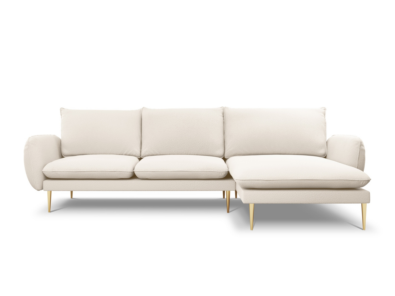 Cosmopolitan Design høyrevendt bouclé-hjørnesofa, "Vienna", 5-seter, 255 × 170 × 95 cm, Ascot, gullfargede metallben