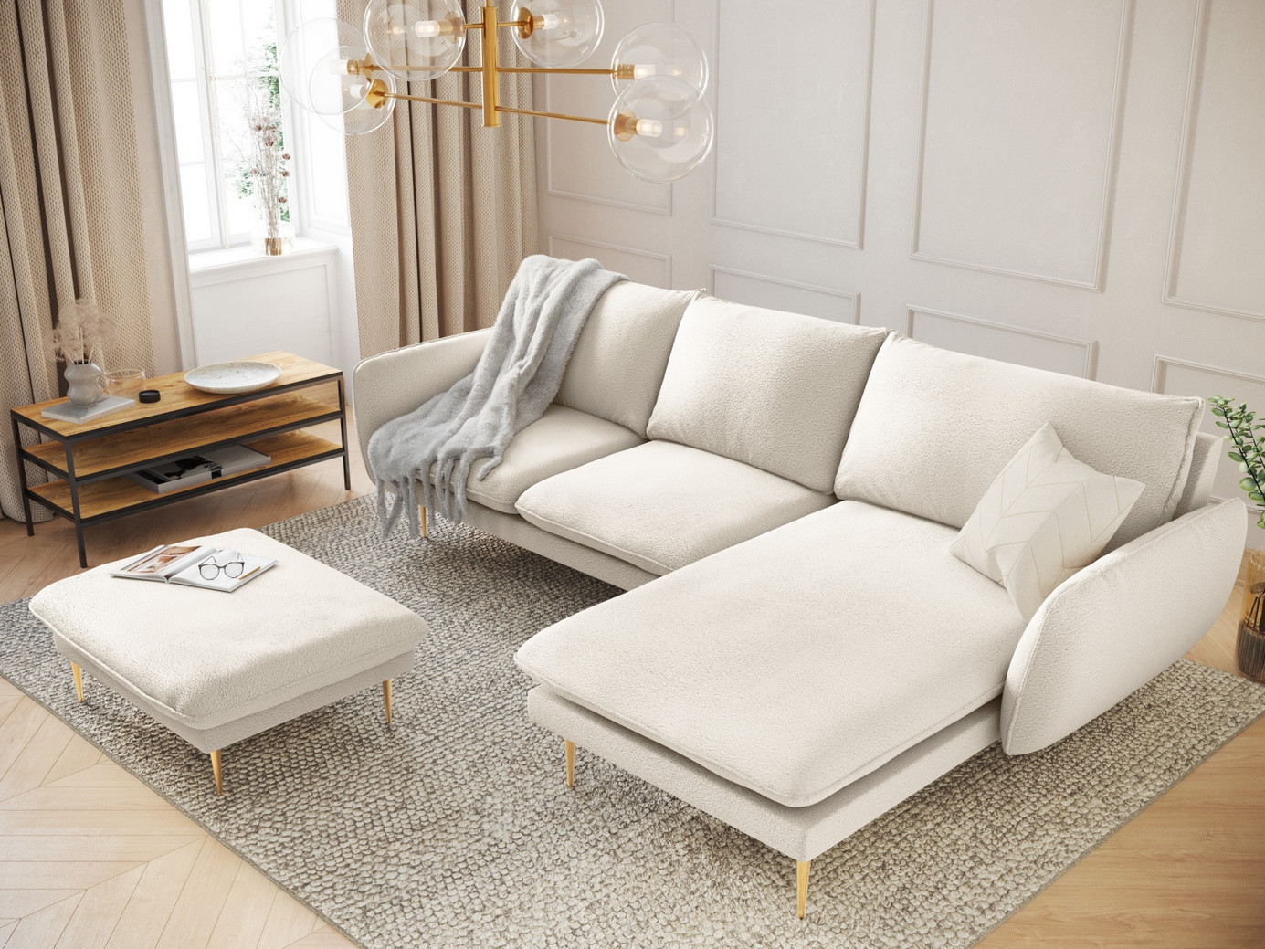 Cosmopolitan Design høyrevendt bouclé-hjørnesofa, "Vienna", 5-seter, 255 × 170 × 95 cm, Ascot, gullfargede metallben