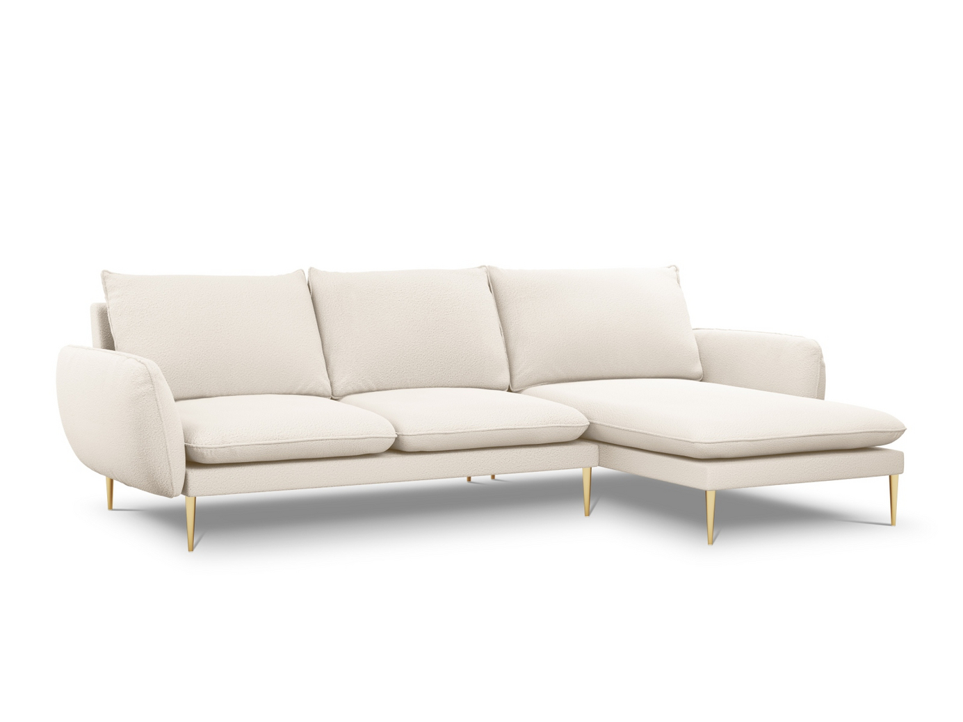 Cosmopolitan Design høyrevendt bouclé-hjørnesofa, "Vienna", 5-seter, 255 × 170 × 95 cm, Ascot, gullfargede metallben