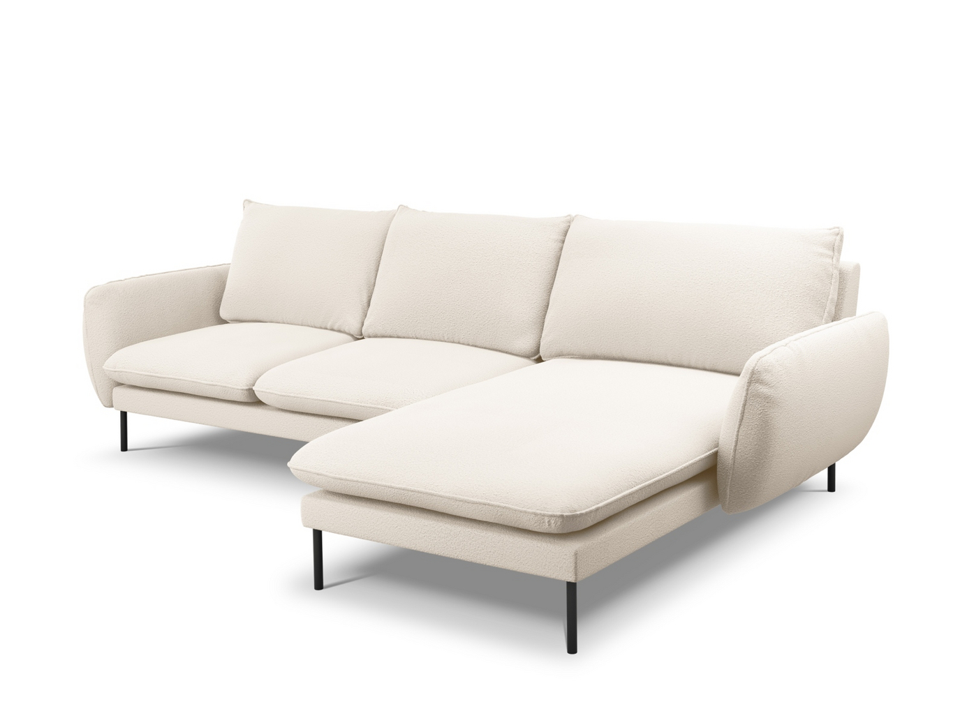 Cosmopolitan Design høyrevendt bouclé-hjørnesofa, "Vienna", 5-seter, 255 × 170 × 95 cm, Ascot, svarte metallben