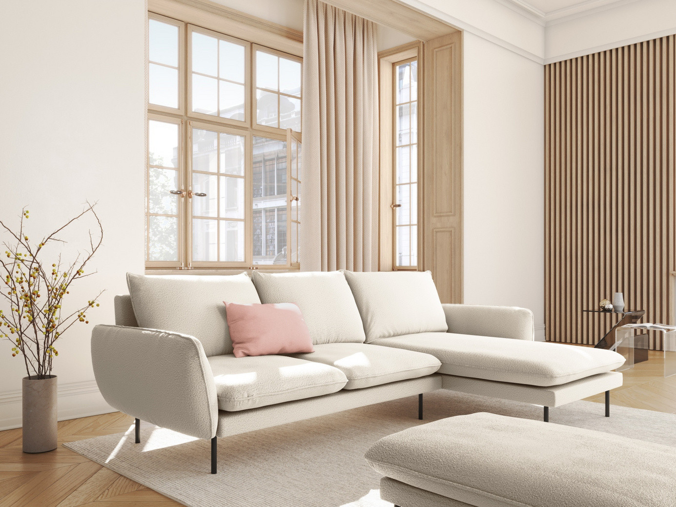 Cosmopolitan Design høyrevendt bouclé-hjørnesofa, "Vienna", 5-seter, 255 × 170 × 95 cm, Ascot, svarte metallben