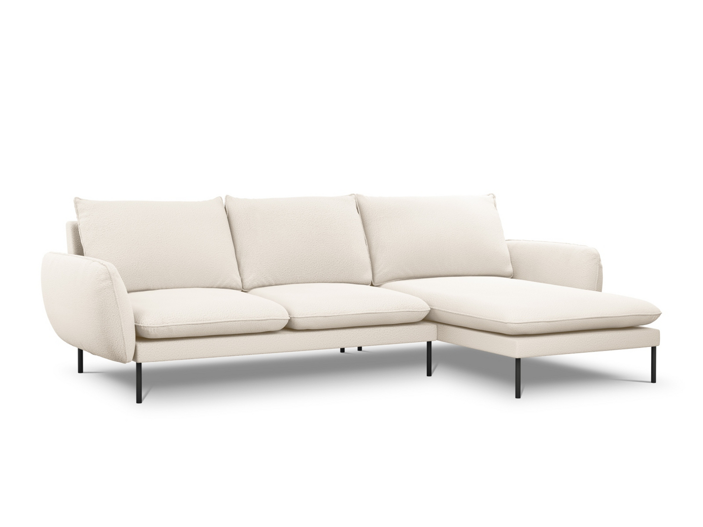 Cosmopolitan Design høyrevendt bouclé-hjørnesofa, "Vienna", 5-seter, 255 × 170 × 95 cm, Ascot, svarte metallben