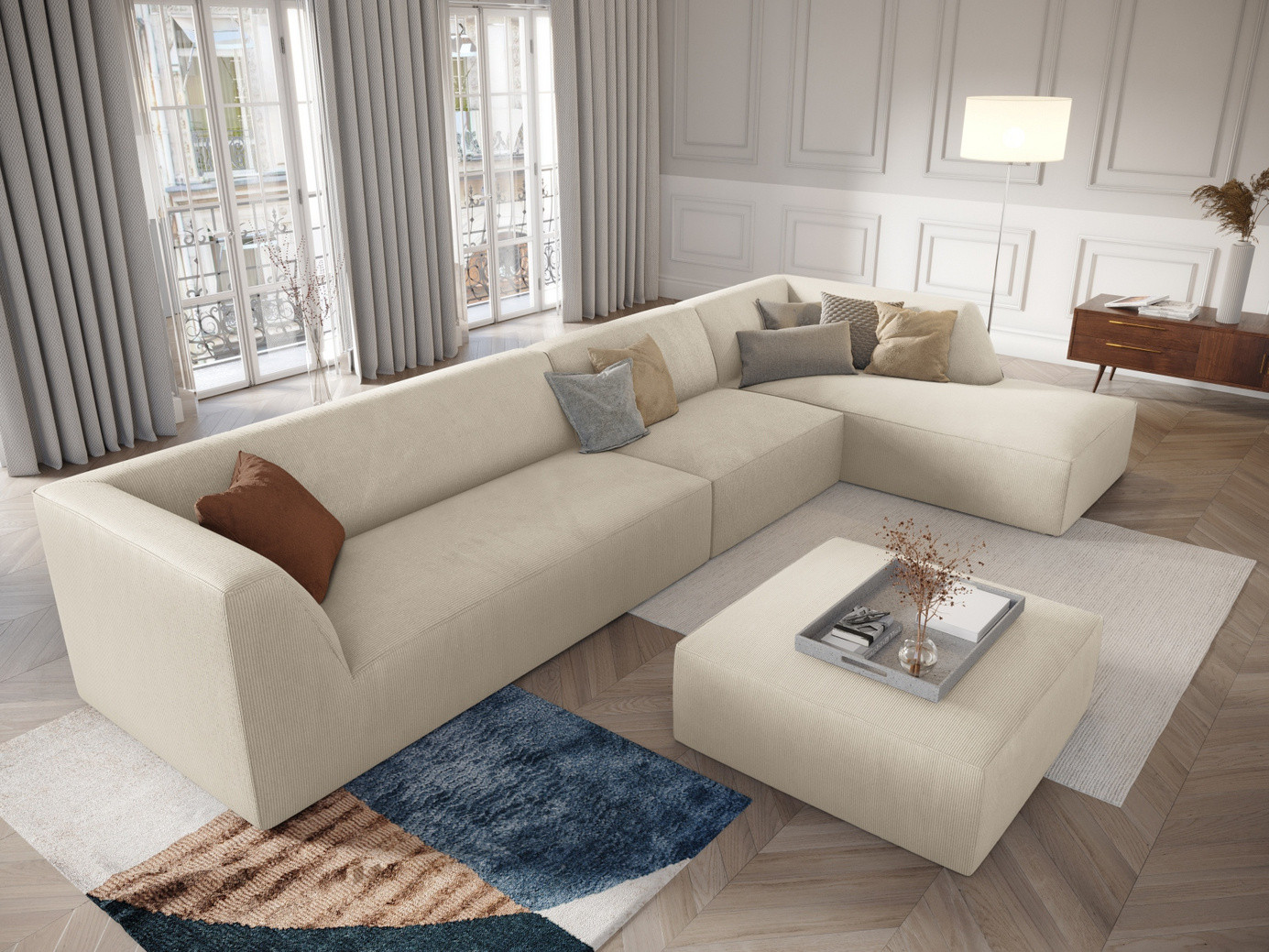 Cosmopolitan Design høyrevendt modulhjørnesofa, "Siena", 5-seter, 366 × 180 × 69 cm, Scala, svarte plastben
