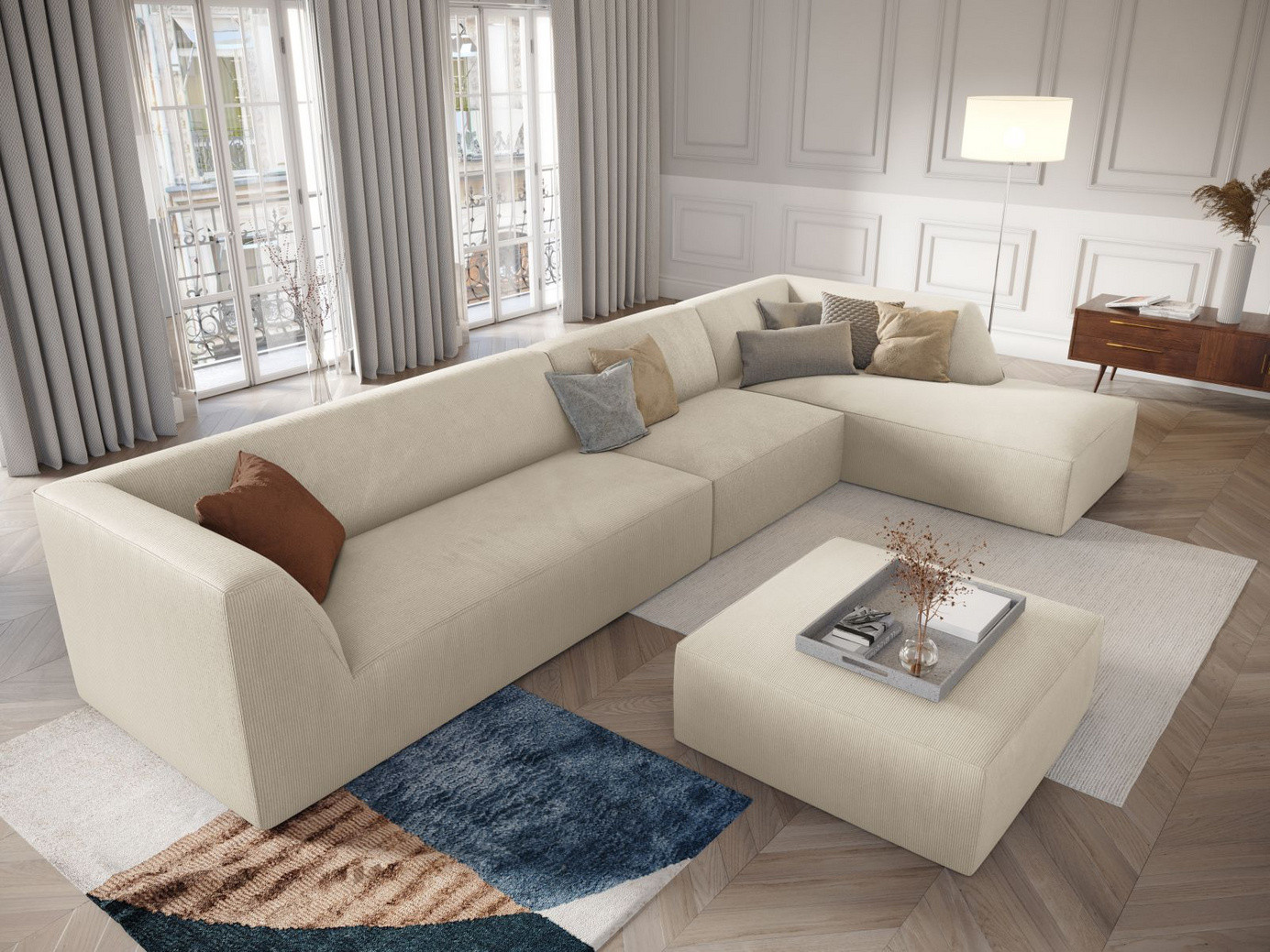 Cosmopolitan Design høyrevendt modulhjørnesofa, "Siena", 5-seter, 366 × 180 × 69 cm, Scala, svarte plastben