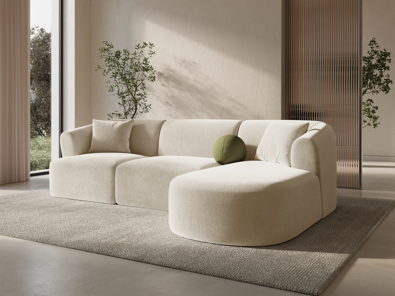 Cosmopolitan Design høyrevendt fløyelsmodulhjørnesofa, "Campi", 4-seter, 256 × 156 × 70 cm, Vogue, svarte plastben