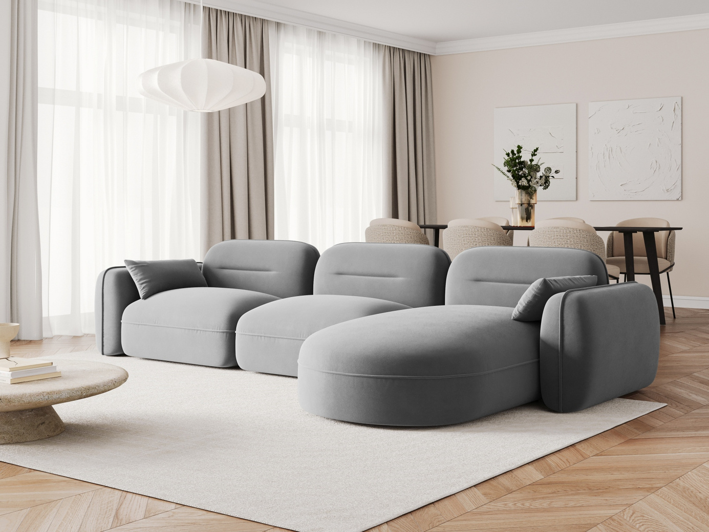 Cosmopolitan Design høyrevendt fløyelsmodulhjørnesofa, "Sydney", 4-seter, 320 × 165 × 70 cm, Casino, svarte plastben