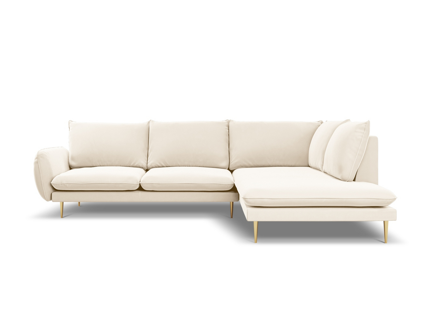 Cosmopolitan Design høyrevendt fløyelshjørnesofa, "Vienna", 6-seter, 275 × 185 × 95 cm, Bluvel, gullfargede metallben