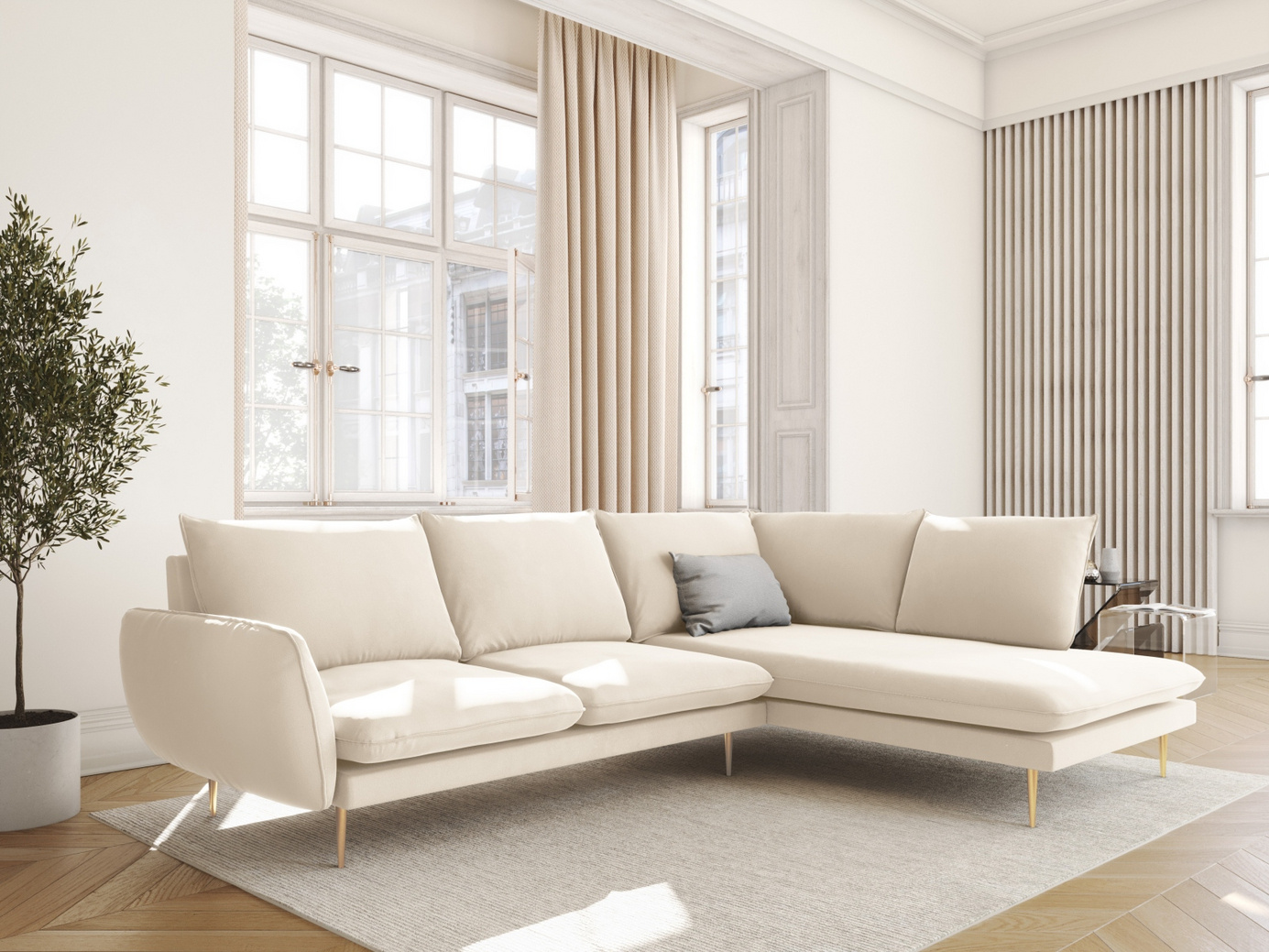 Cosmopolitan Design høyrevendt fløyelshjørnesofa, "Vienna", 6-seter, 275 × 185 × 95 cm, Bluvel, gullfargede metallben