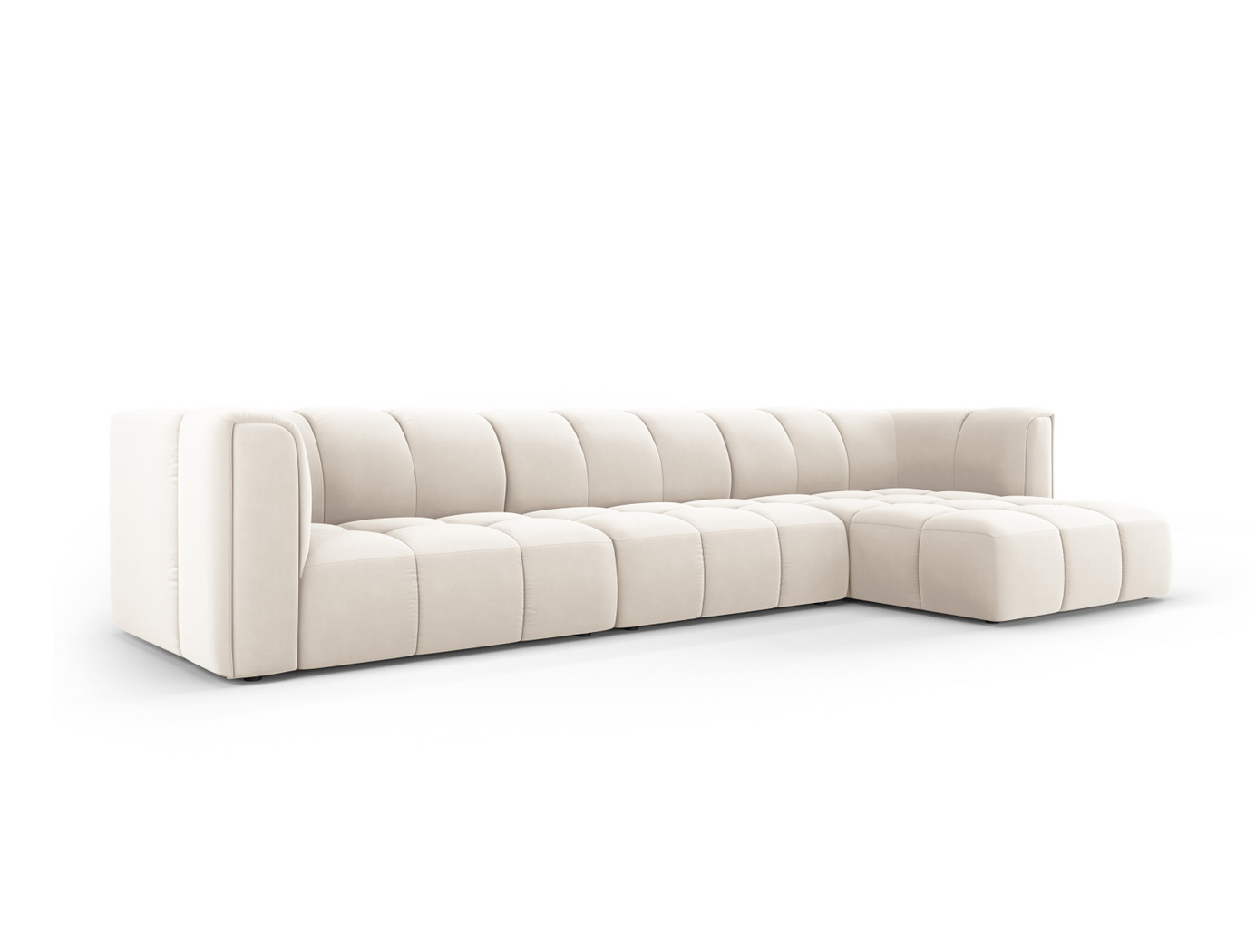 Cosmopolitan Design høyrevendt fløyelsmodulhjørnesofa, "Moritz", 5-seter, 316 × 160 × 70 cm, Bluvel, svarte plastben