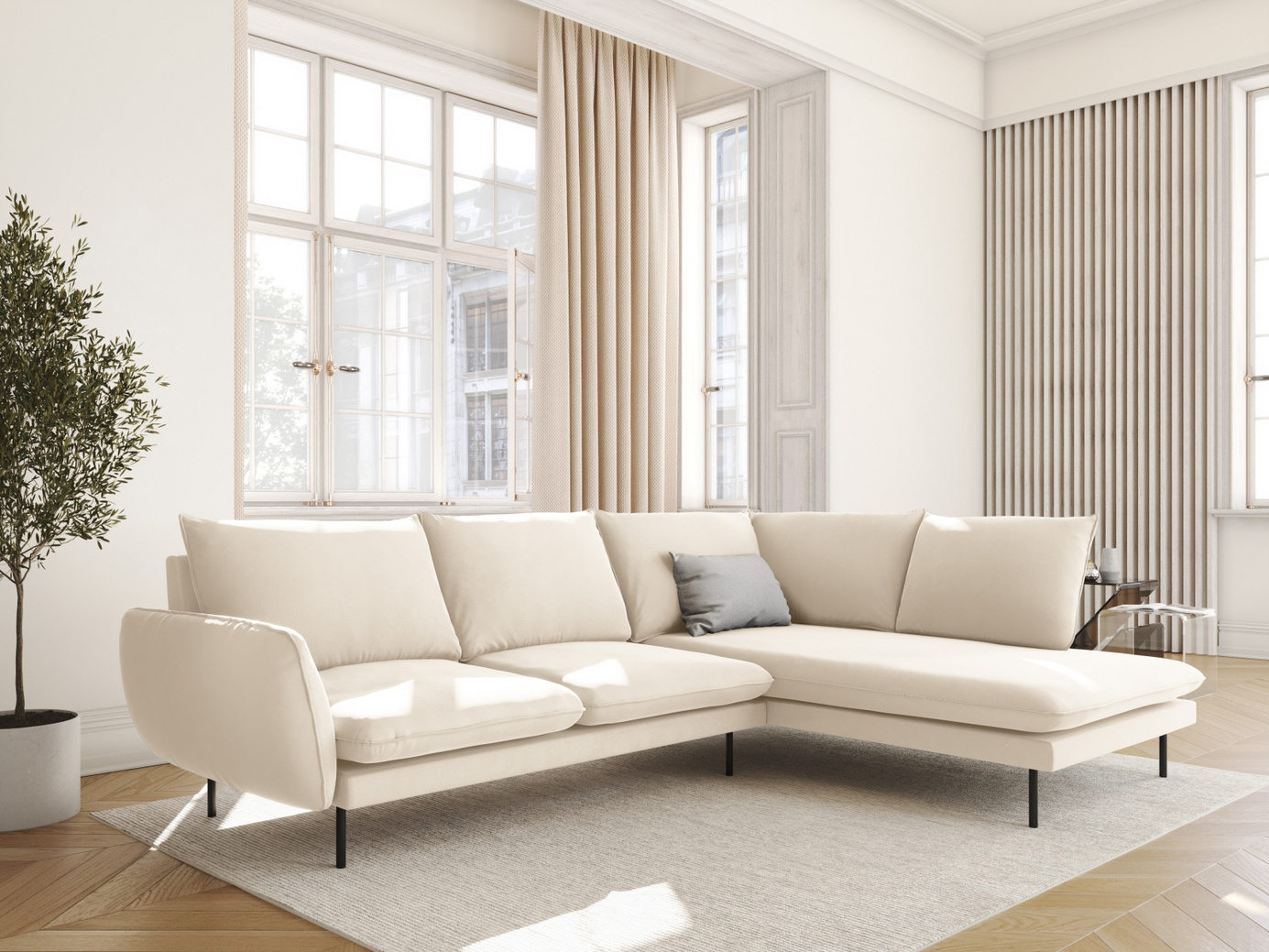 Cosmopolitan Design høyrevendt fløyelshjørnesofa, "Vienna", 6-seter, 275 × 185 × 95 cm, Bluvel, svarte metallben