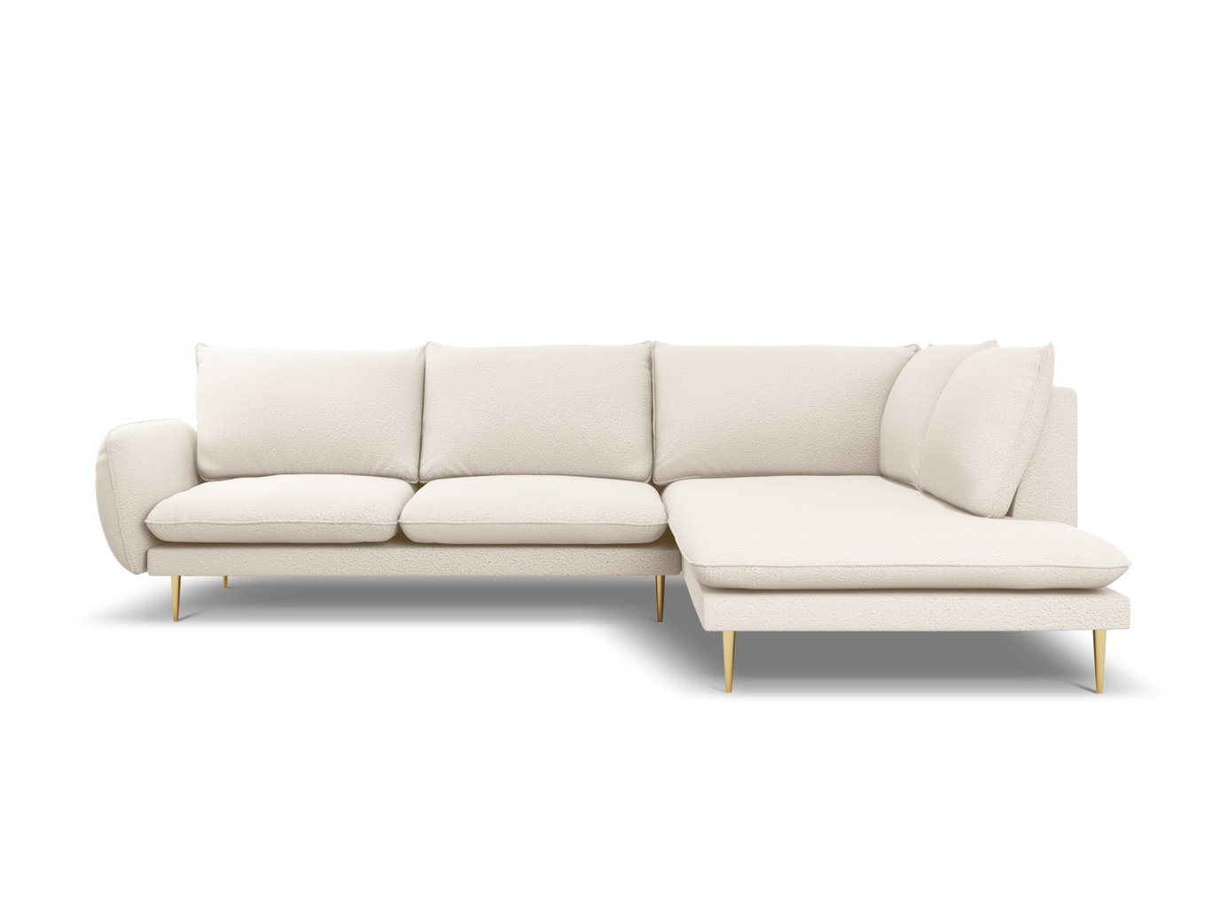 Cosmopolitan Design høyrevendt bouclé-hjørnesofa, "Vienna", 6-seter, 275 × 185 × 95 cm, Ascot, gullfargede metallben