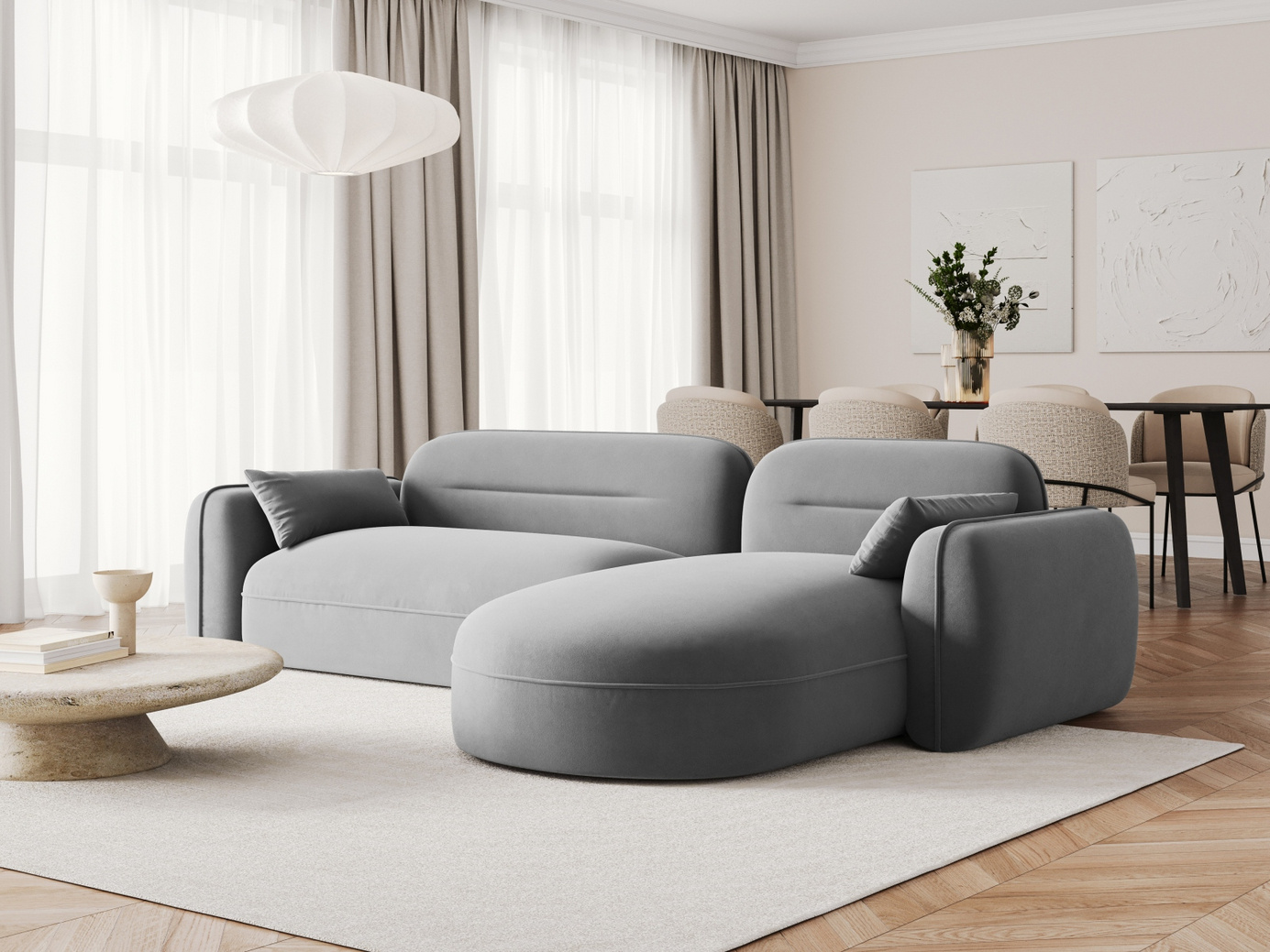 Cosmopolitan Design høyrevendt fløyelsmodulhjørnesofa, "Sydney", 4-seter, 275 × 165 × 70 cm, Casino, svarte plastben