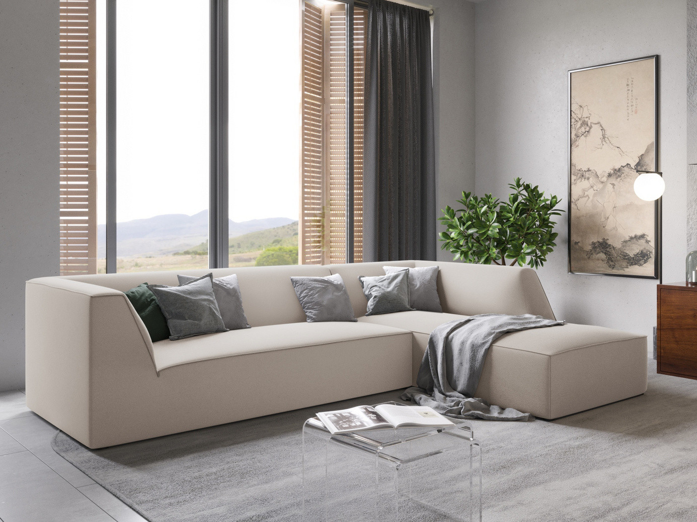 Cosmopolitan Design høyrevendt fløyelsmodulhjørnesofa, "Siena", 4-seter, 273 × 180 × 69 cm, Salvador, svarte plastben, Variant RC_M_44