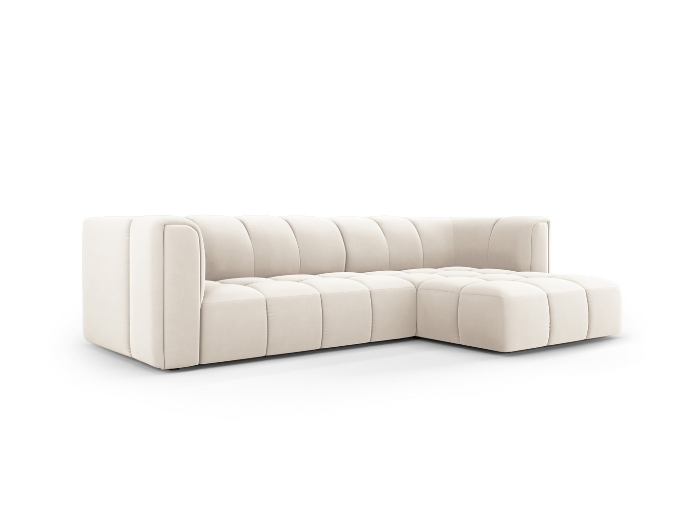 Cosmopolitan Design høyrevendt fløyelsmodulhjørnesofa, "Moritz", 3-seter, 256 × 160 × 70 cm, Bluvel, svarte plastben