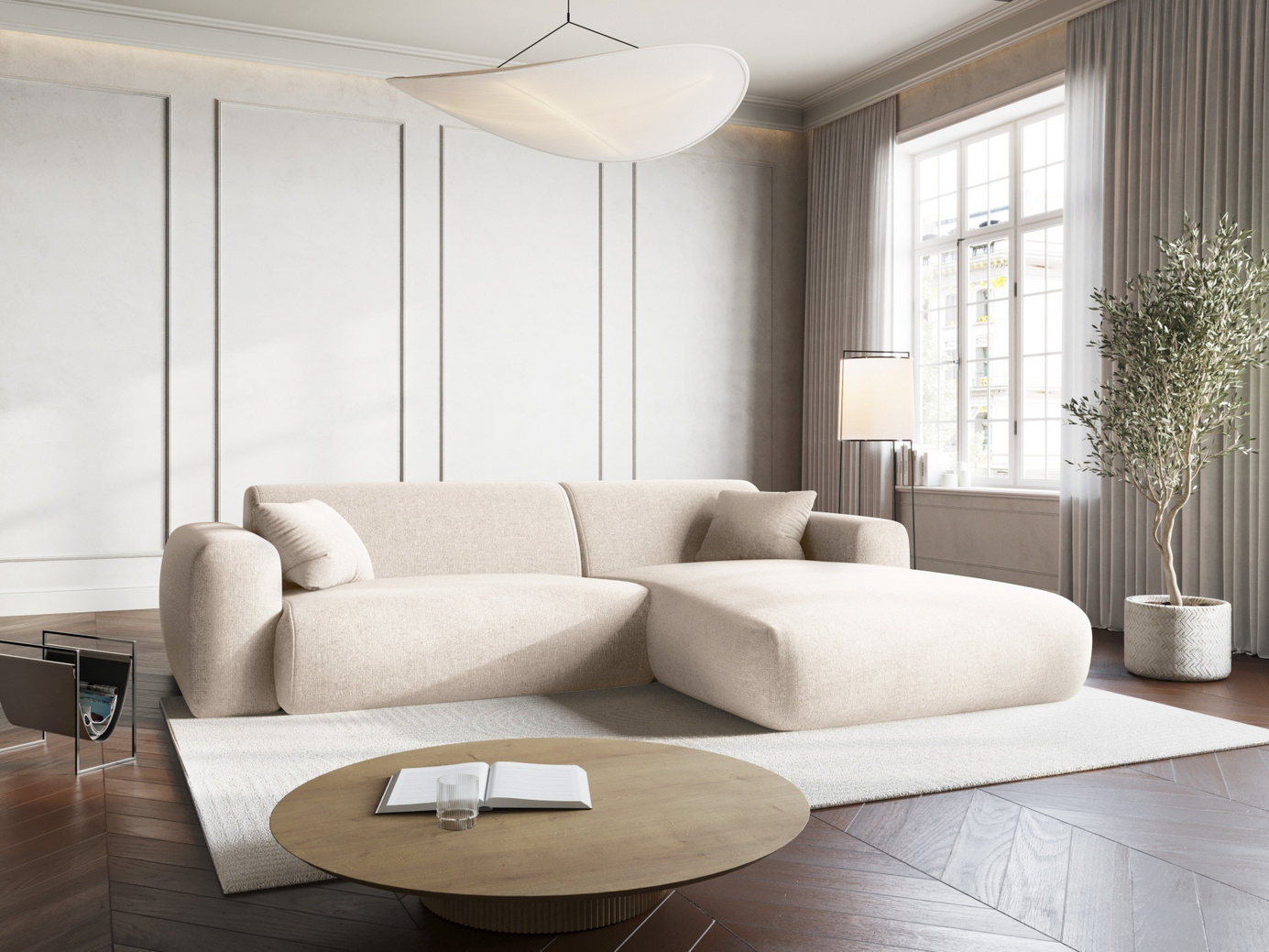 Cosmopolitan Design høyrevendt hjørnesofa, "Nolio", 4-seter, 235 × 170 × 72 cm, Haga, svarte plastben