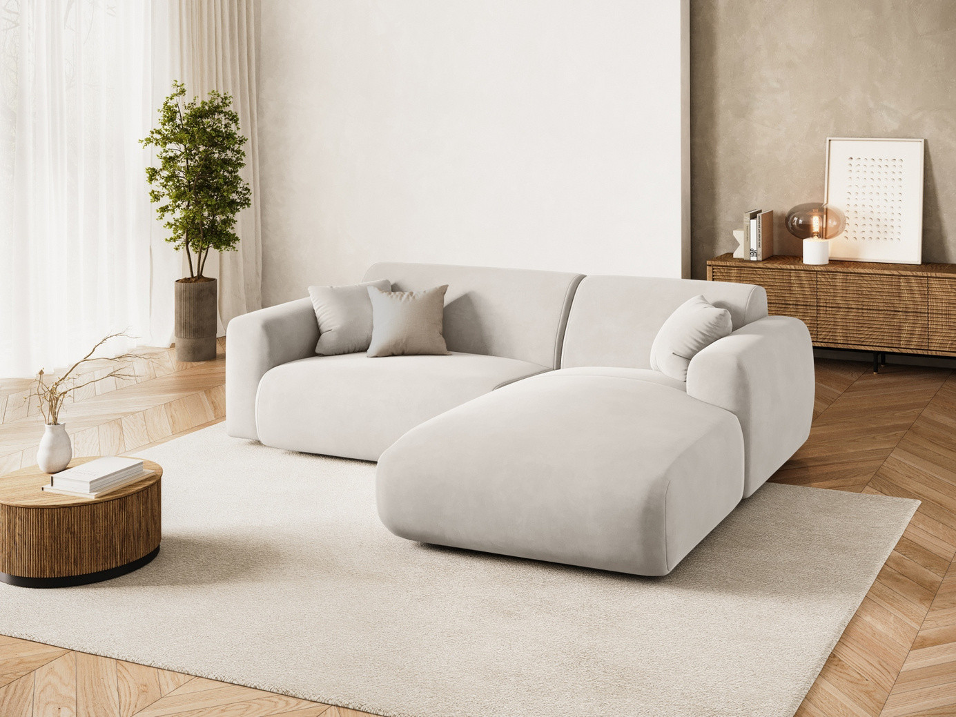 Cosmopolitan Design høyrevendt fløyelshjørnesofa, "Nolio", 4-seter, 235 × 170 × 72 cm, Casino, svarte plastben