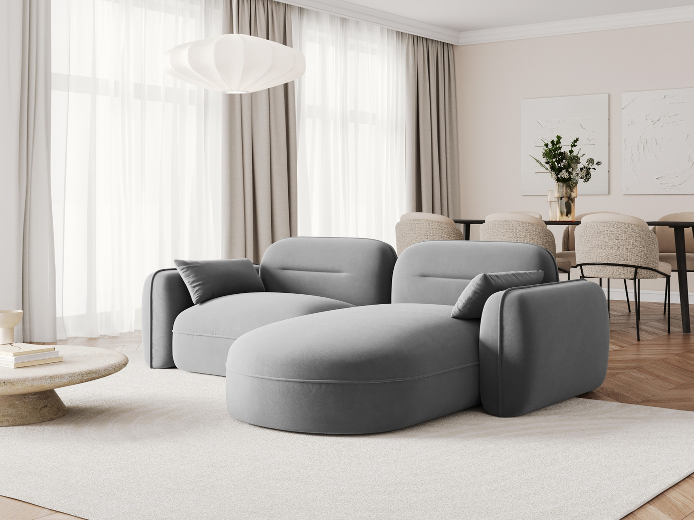 Cosmopolitan Design høyrevendt fløyelsmodulhjørnesofa, "Sydney", 3-seter, 230 × 165 × 70 cm, Casino, svarte plastben