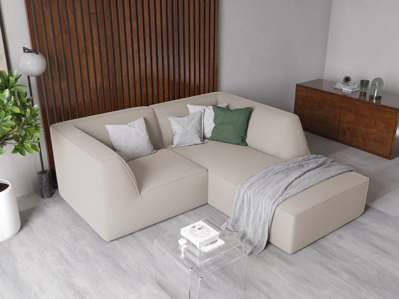 Cosmopolitan Design høyrevendt fløyelsmodulhjørnesofa, "Siena", 3-seter, 186 × 180 × 69 cm, Salvador, svarte plastben, Variant RC_S_44