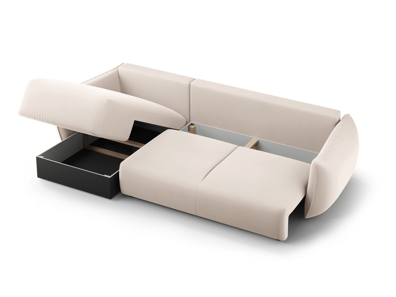 Cosmopolitan Design høyrevendt fløyelshjørnesovesofa med oppbevaring, "Matera", 4-seter, 253 × 173 × 86 cm, Salvador, svarte plastben