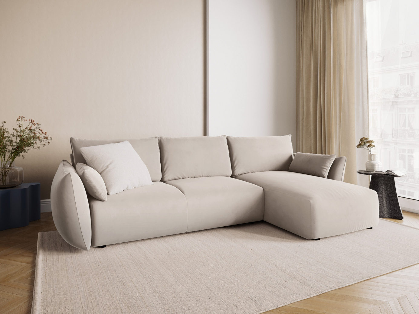 Cosmopolitan Design høyrevendt fløyelshjørnesovesofa med oppbevaring, "Matera", 4-seter, 253 × 173 × 86 cm, Salvador, svarte plastben