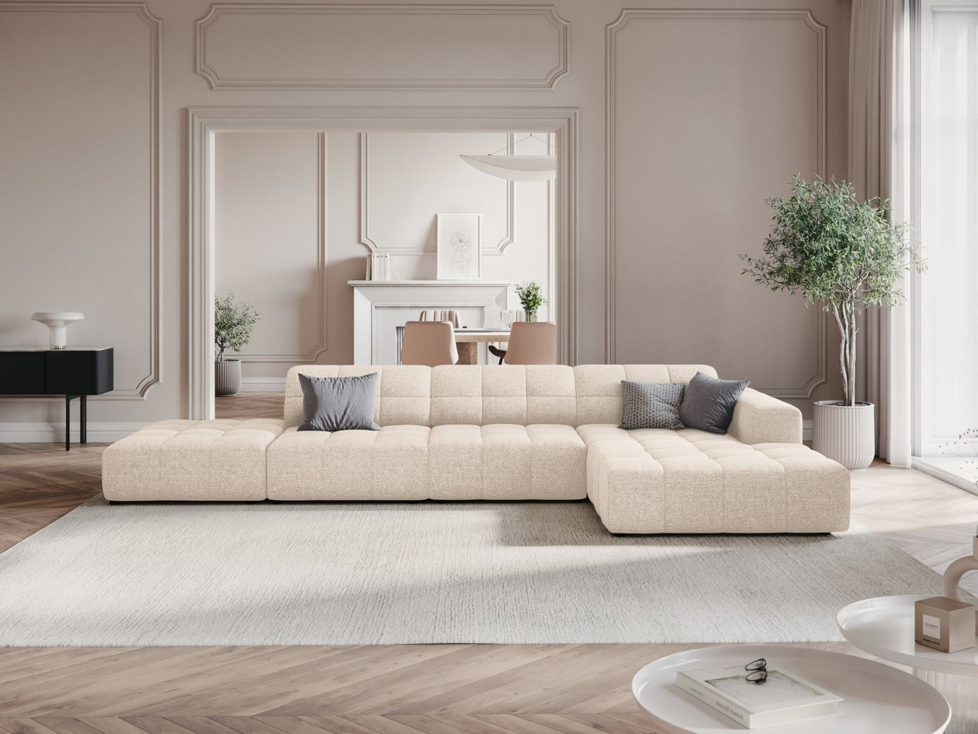 Cosmopolitan Design høyrevendt hjørnesofa, "Chicago", 5-seter, 348 × 167 × 78 cm, Haga, svarte plastben