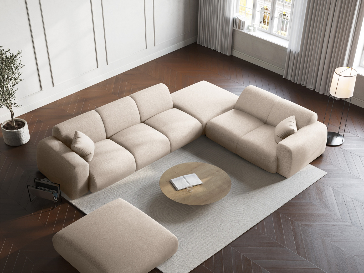 Cosmopolitan Design høyrevendt hjørnesofa, "Nolio", 4-seter, 315 × 250 × 72 cm, Haga, svarte plastben